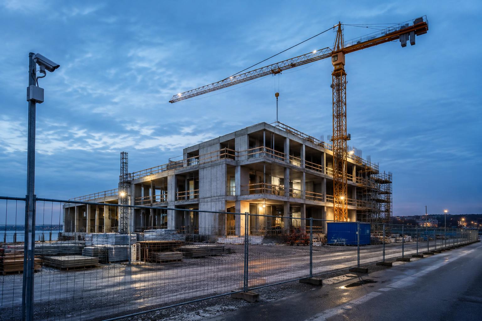 Sikret dansk byggeplads med hegn, kamera og byggekran
